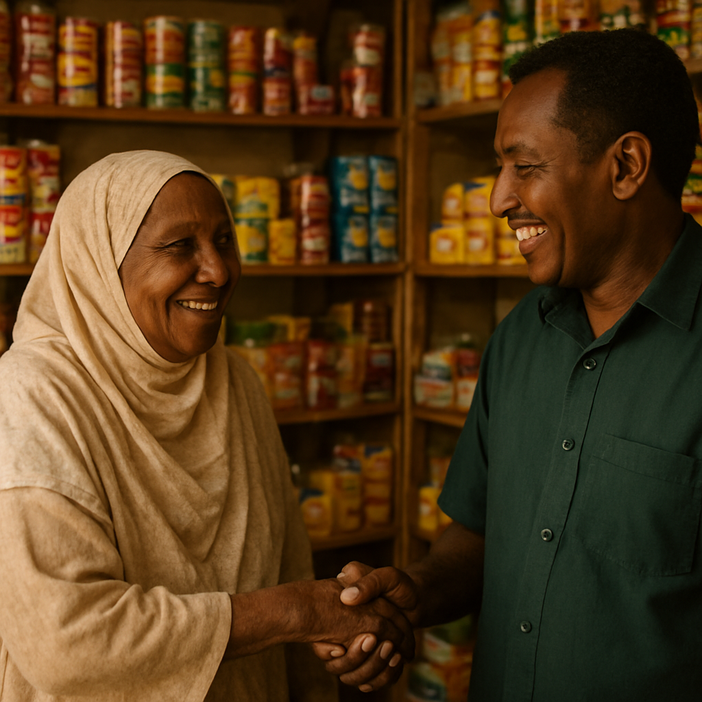 صاحب دكان مبتسم يتبادل التحية مع أسرة سودانية متعففة